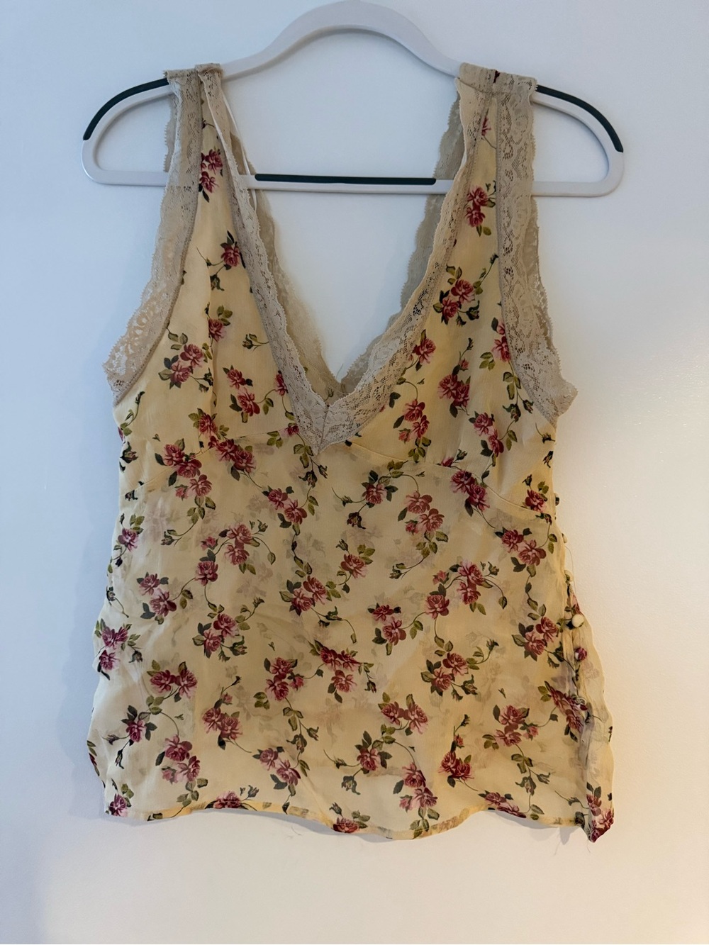 Zara sheer Floral Lace Trim V-Neck Tank Top - Yellow with Pink Roses